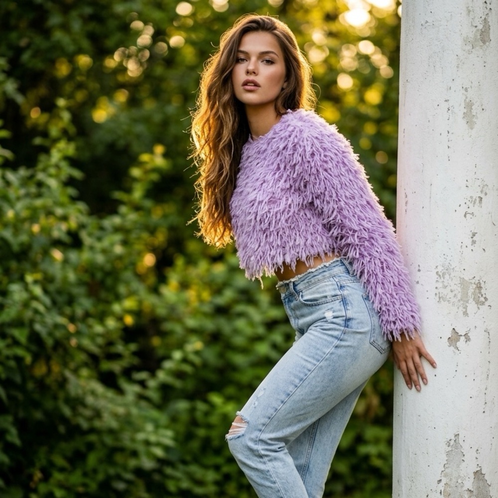 GUC  ZARA  crop feather Effect sweater pink Sz M